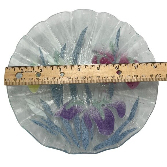 Vtg Sydenstricker Fused Art Glass Iris Floral Ruffled Edge 8" Trinket Bowl Plate - Picture 10 of 11